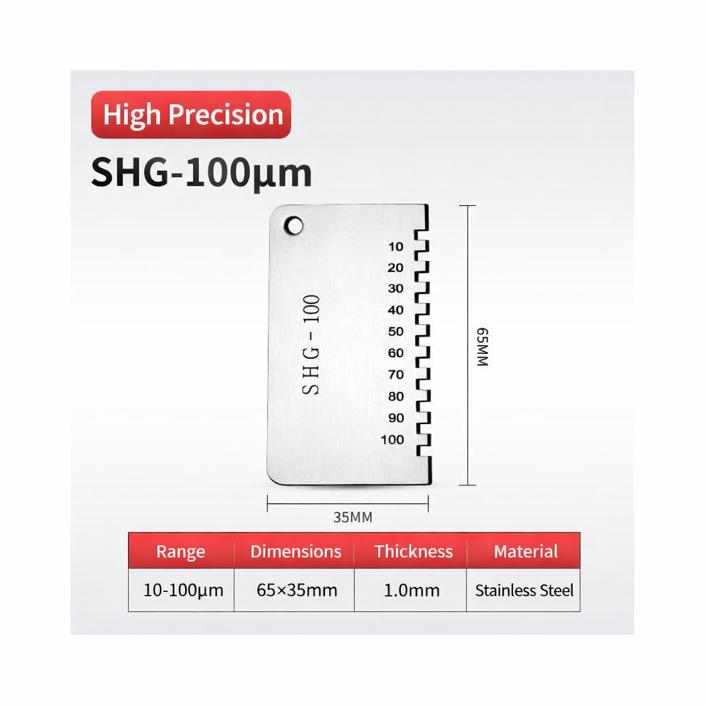 LIASOR SHG-100 Wet Film Comb Gauge — Range 10–100 μm, Stainless Steel, 65×35mm
