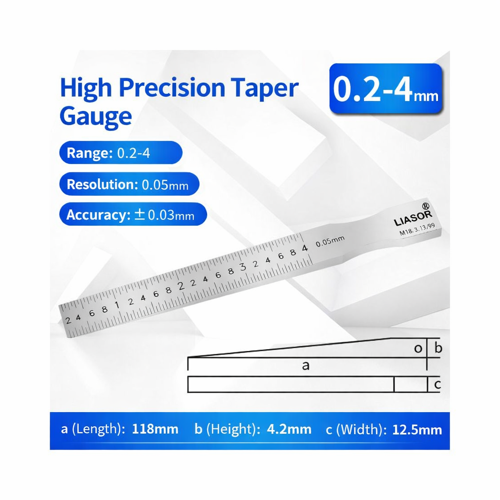 LIASOR High Precision Taper Gauge 0.2-4mm — Length 118mm, Height 4.2mm, Width 12.5mm