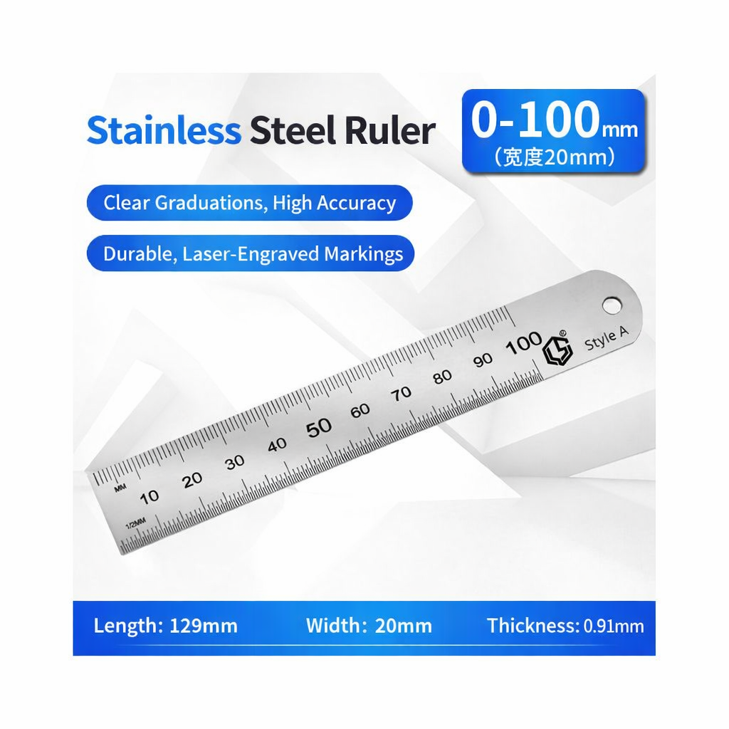 Stainless Steel Ruler 0-100mm Width 20mm — Length 129mm, Thickness 0.91mm