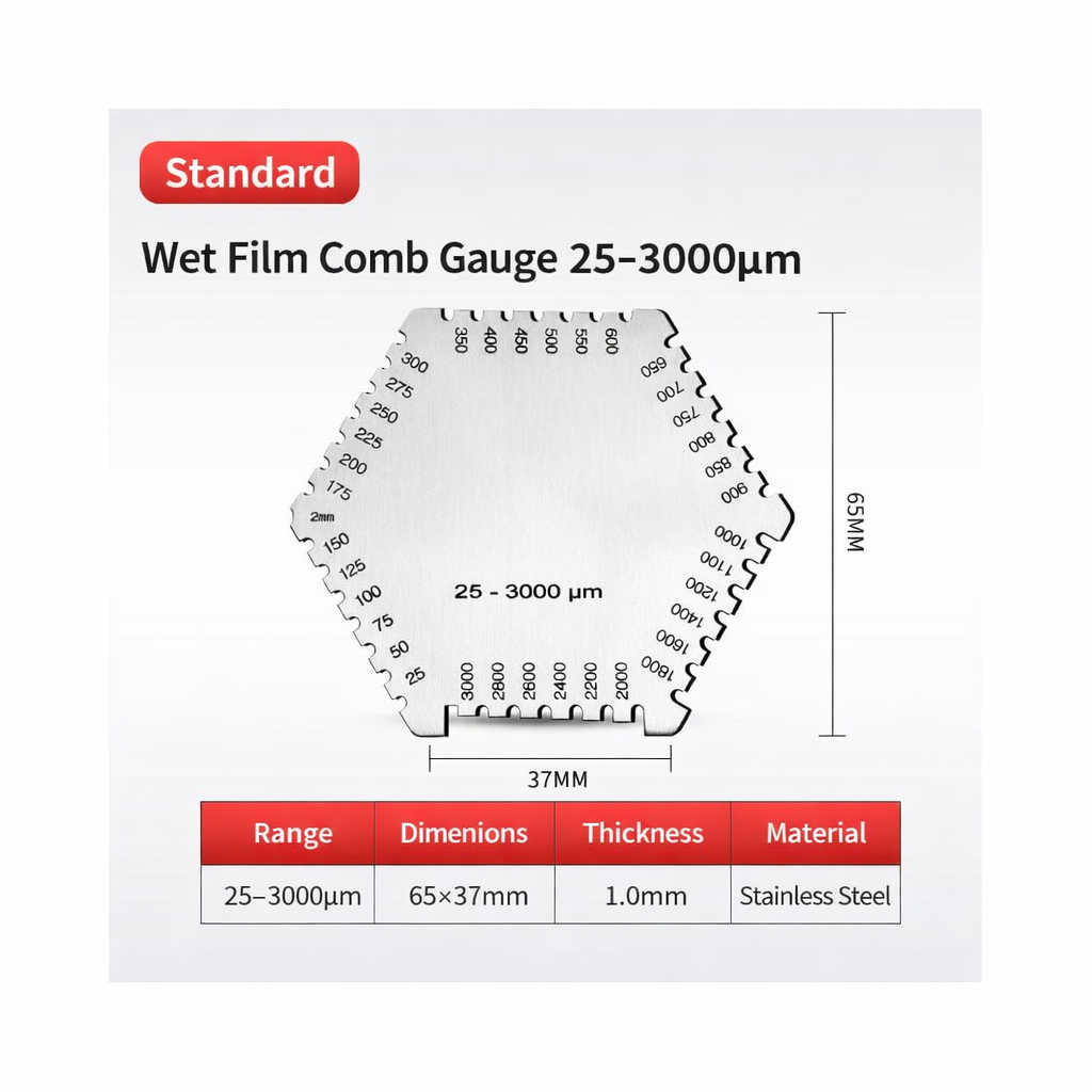 LIASOR Hexagonal Wet Film Comb Gauge — Standard, Range 25–3000 μm, Stainless Steel, 65×37mm