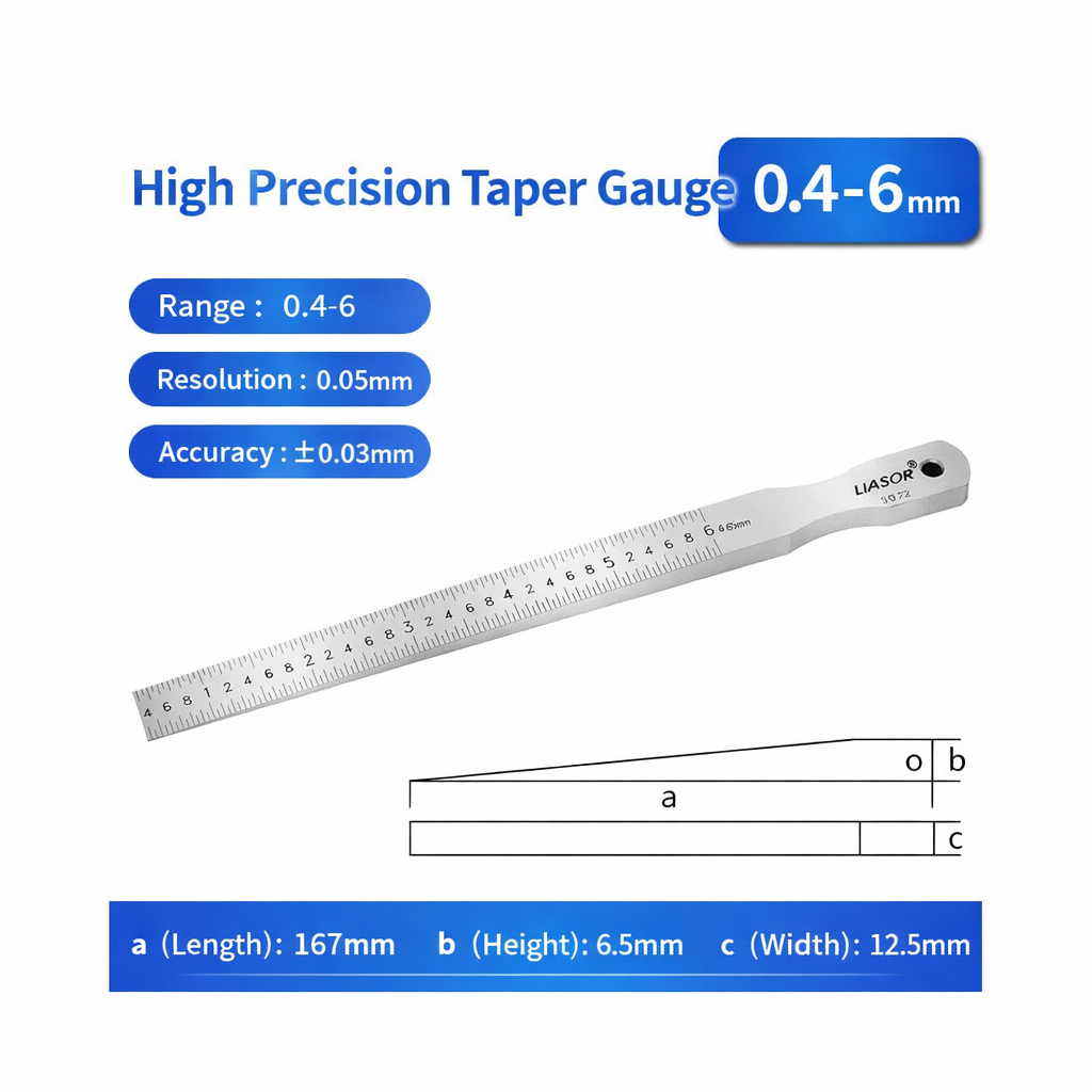 LIASOR High Precision Taper Gauge 0.4-6mm — Length 167mm, Height 6.5mm, Width 12.5mm
