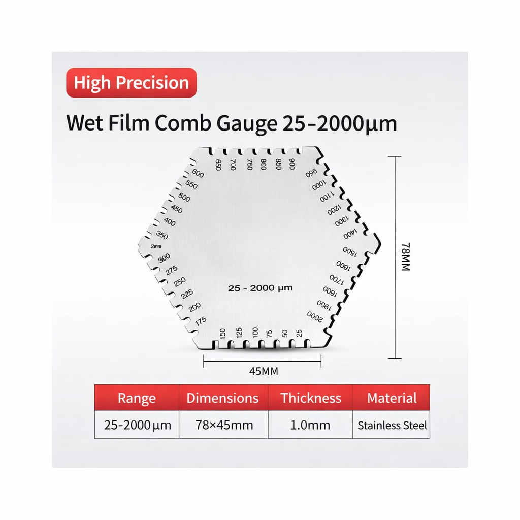 LIASOR Hexagonal Wet Film Comb Gauge — High Precision, Range 25–2000 μm, Stainless Steel, 78×45mm