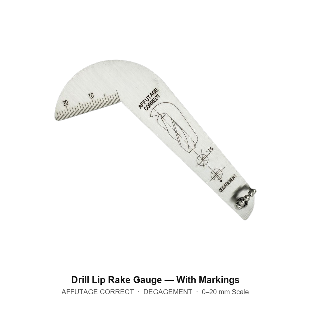 LIASOR Drill Lip Rake Gauge — With AFFUTAGE CORRECT / DEGAGEMENT Reference, 0-20mm Scale