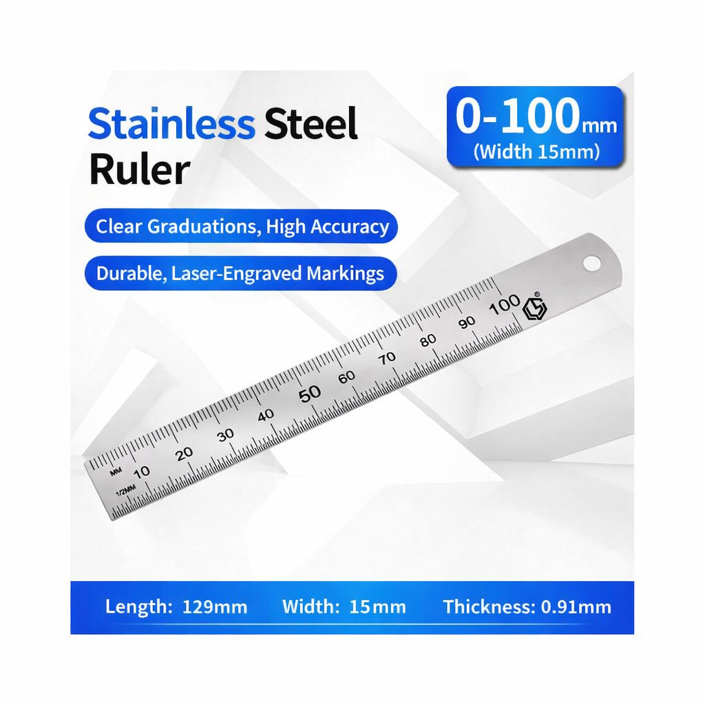 Stainless Steel Ruler 0-100mm Width 15mm — Length 129mm, Thickness 0.91mm