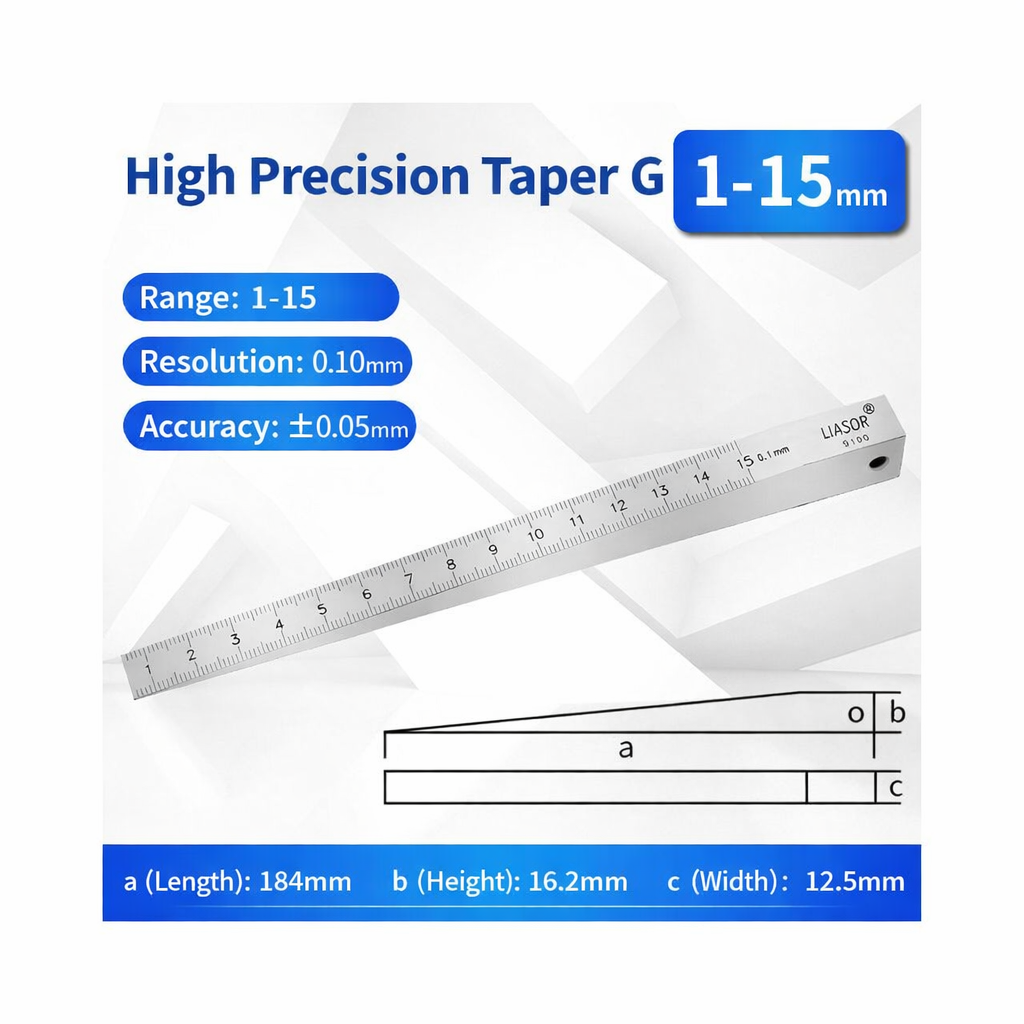 LIASOR High Precision Taper Gauge 1-15mm — Length 184mm, Height 16.2mm, Width 12.5mm