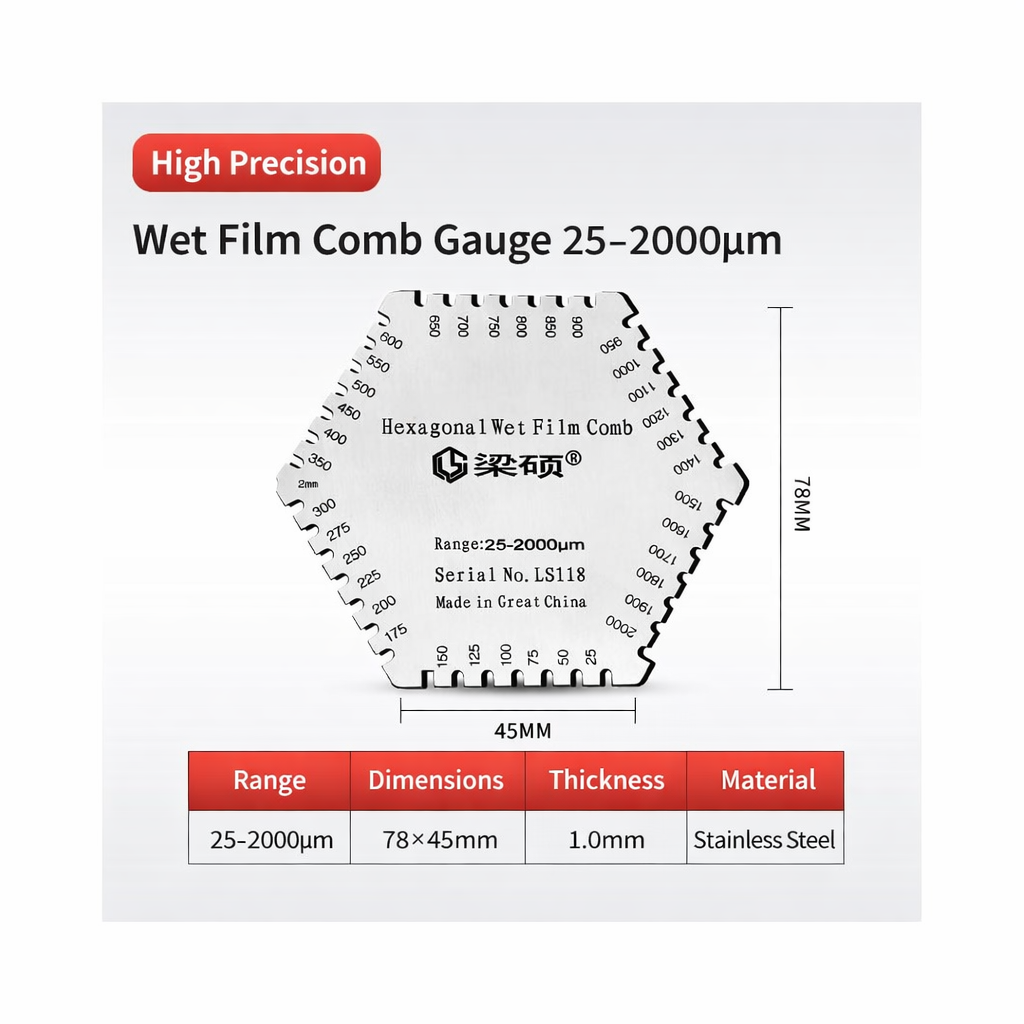 LIASOR LS128 Hexagonal Wet Film Comb Gauge — High Precision, Range 25–2000 μm, Engraved Scale, 78×45mm
