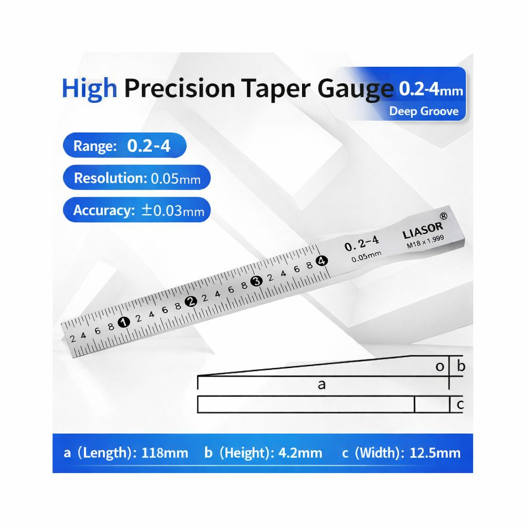 LIASOR High Precision Taper Gauge 0.2-4mm Deep Groove — Length 118mm, Height 4.2mm