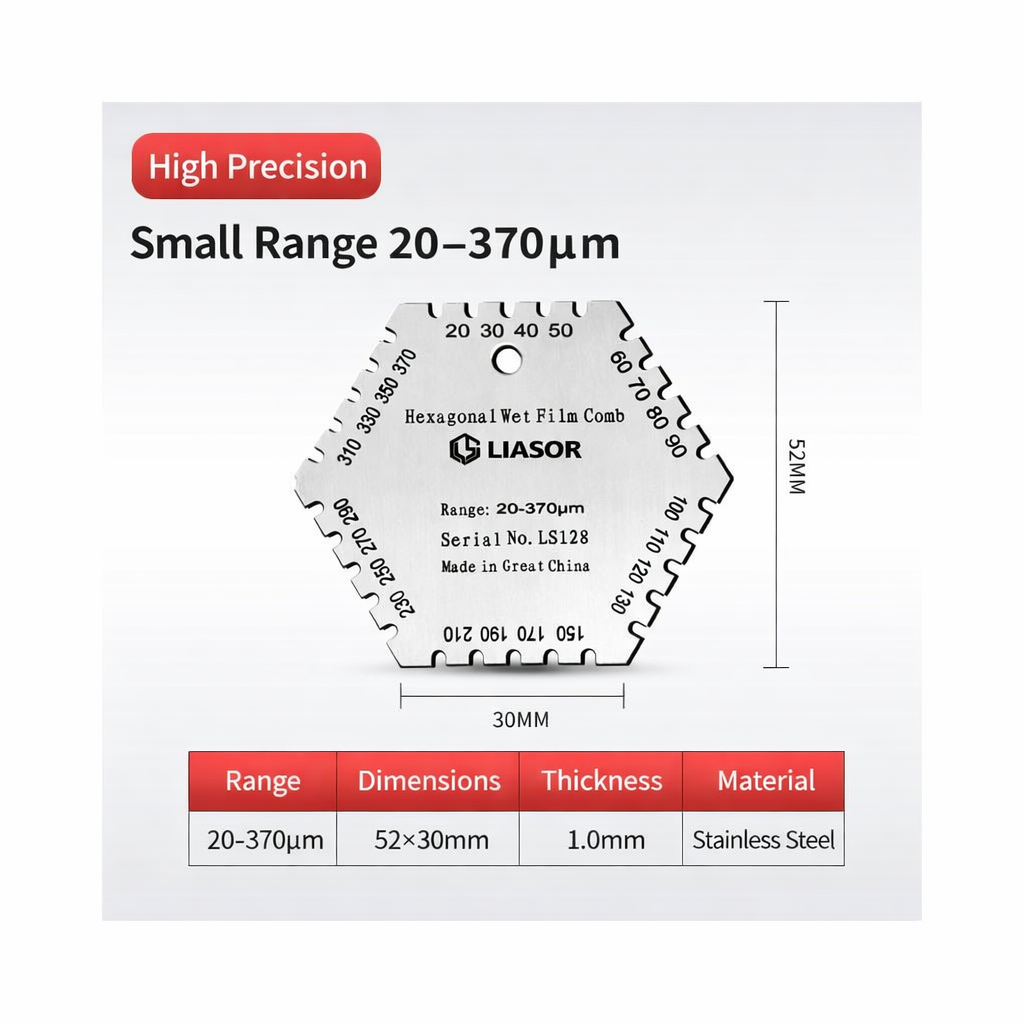 LIASOR Hexagonal Wet Film Comb Gauge — Small Range 20–370 μm, Stainless Steel, 52×30mm