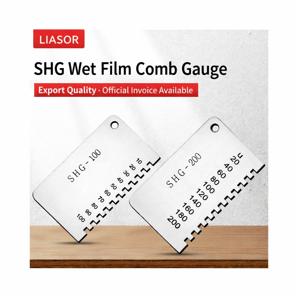 LIASOR SHG Wet Film Comb Gauge — SHG-100 and SHG-200 Displayed on Wooden Surface