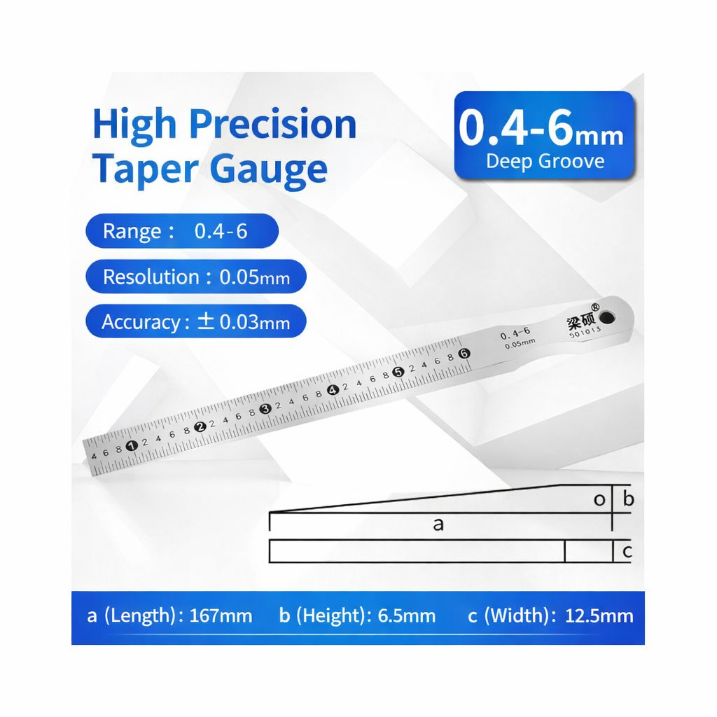LIASOR High Precision Taper Gauge 0.4-6mm Deep Groove — Length 167mm, Height 6.5mm