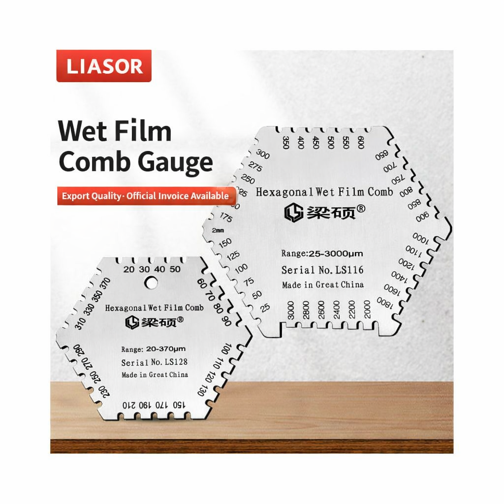 LIASOR Hexagonal Wet Film Comb Gauge — LS116 and LS128 on Wooden Display Surface