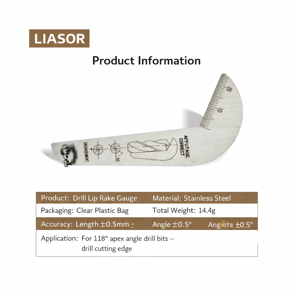 LIASOR Drill Lip Rake Gauge Specs — Accuracy: Length ±0.5mm · Angle ±0.5°, Weight 14.4g