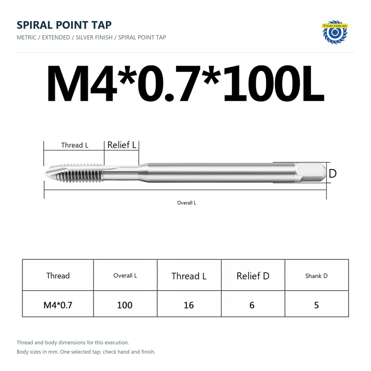 Креслення — Мітчик прохідний подовжений M1.6–M16 · M4*0.7*100L
