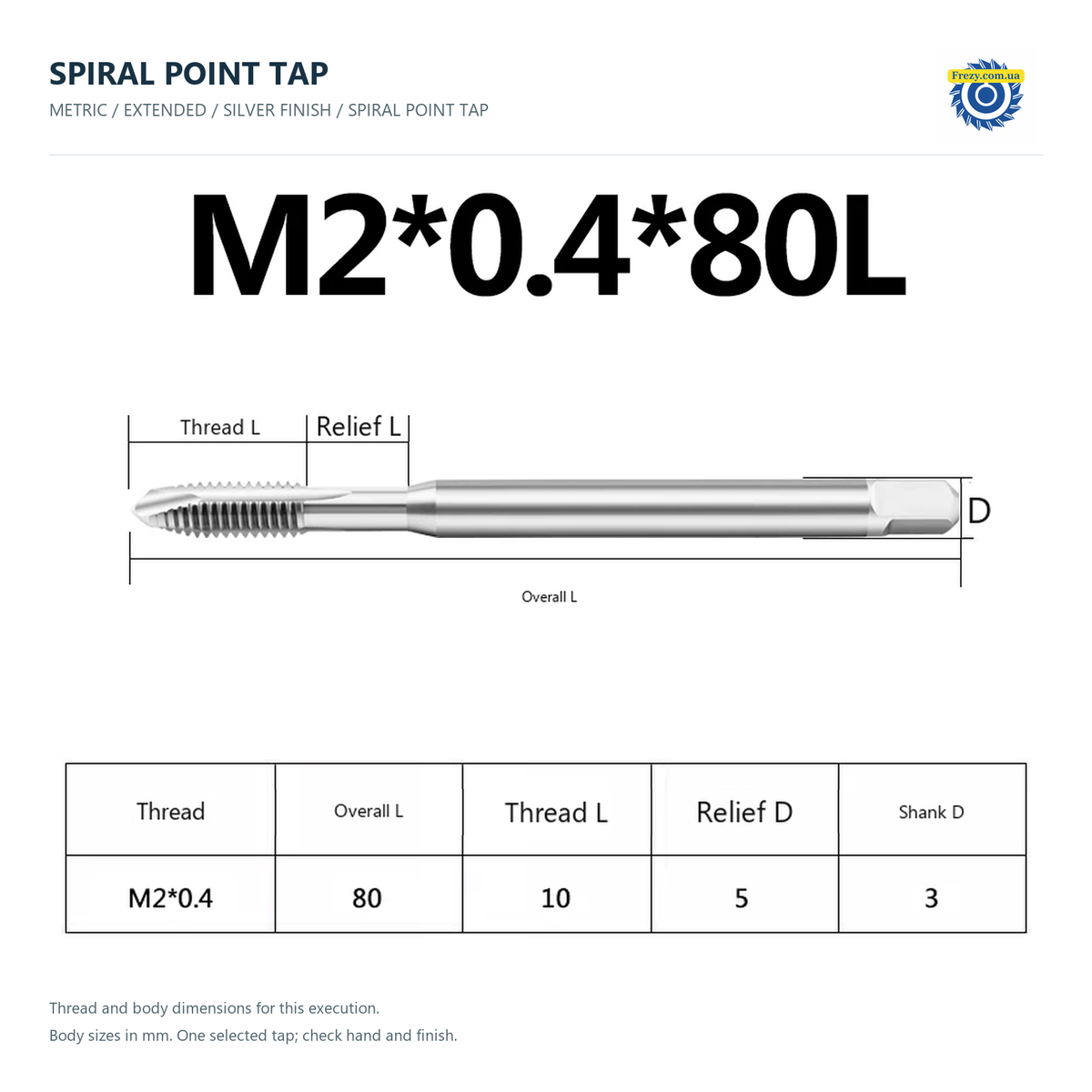 Креслення — Мітчик прохідний подовжений M1.6–M16 · M2*0.4*80L
